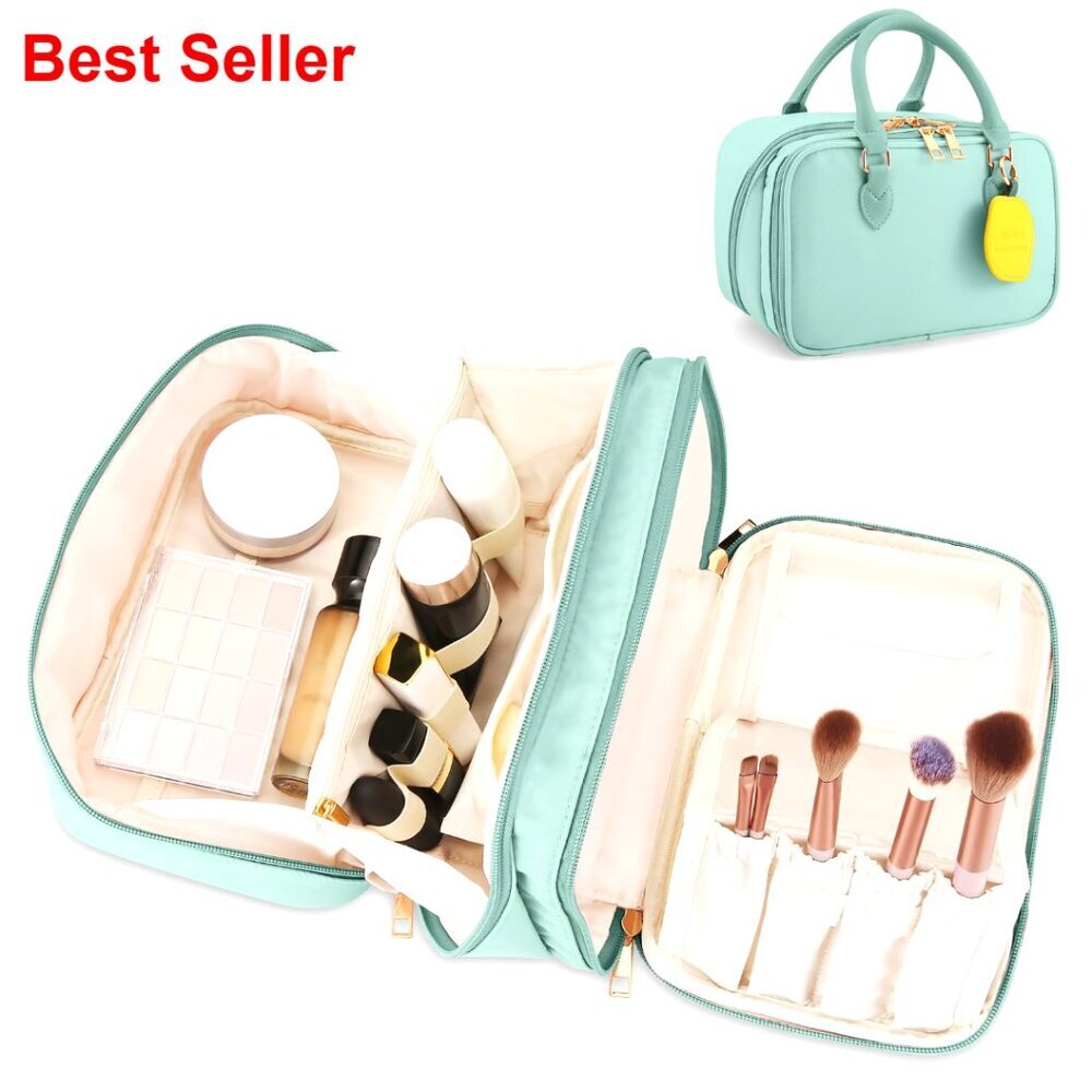 Large Capacity Travel Makeup Bag with Brush Holder Waterproof Nylon Organizer